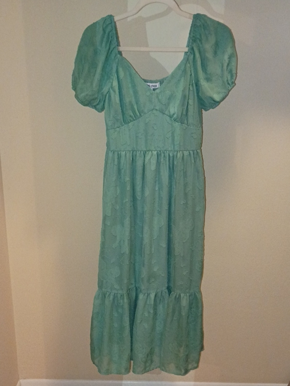 Mimi Chica Seafoam Green Puff Sleeve Tiered Dress